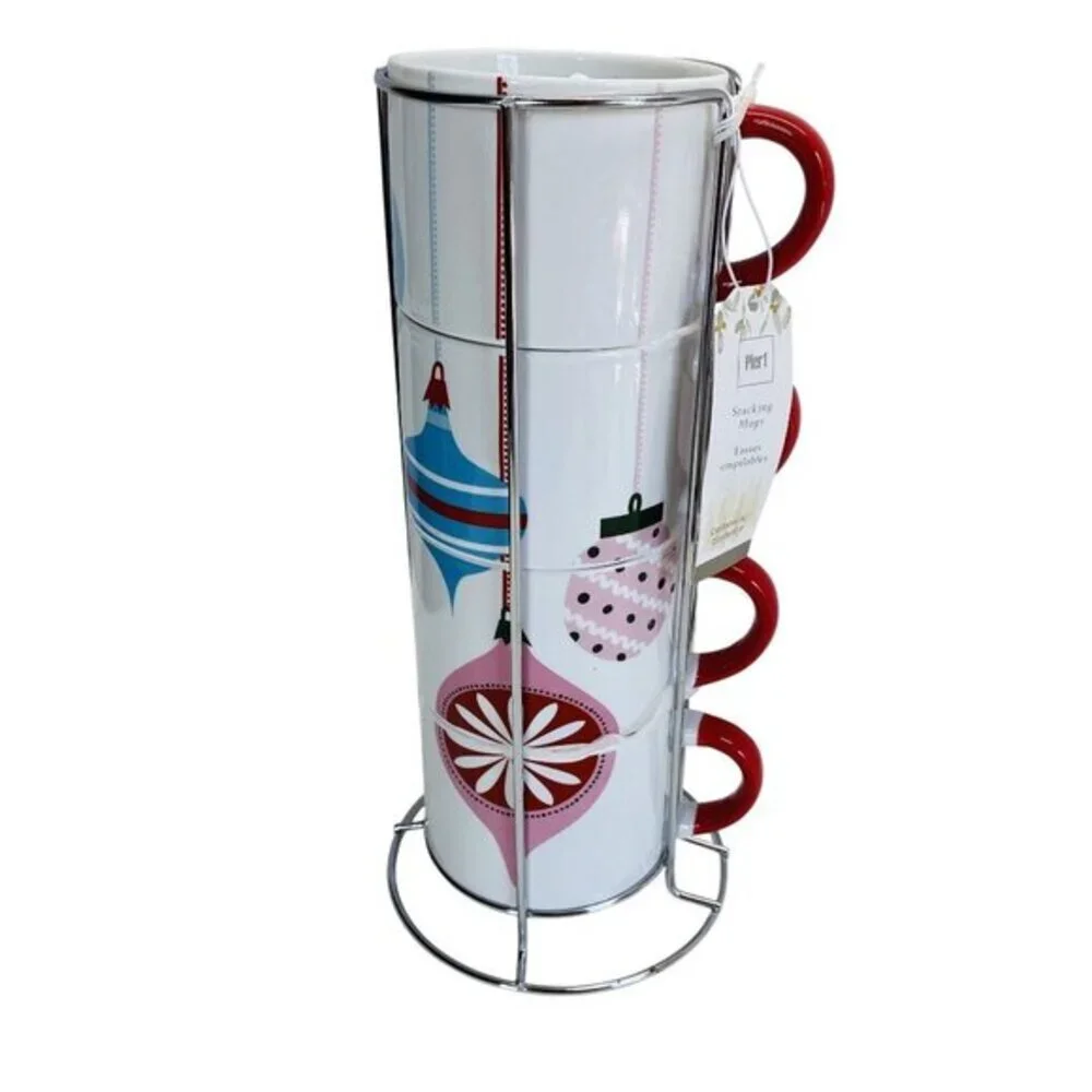 Pier One Stacking Mug Set on Stand Christmas Ornaments Red Handles Stoneware